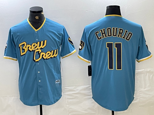 Milwaukee Brewers #11 Jackson Chourio Blue 2022 City Connect Cool Base Stitched Baseball Jerseys - Main View
