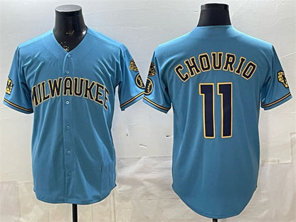 Milwaukee Brewers #11 Jackson Chourio Blue With Home & Bob Uecker Patch Stitched Baseball Jersey - Main View