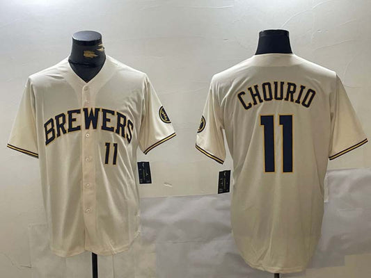Milwaukee Brewers #11 Jackson Chourio Number Cream Stitched Cool Base Baseball Jerseys - Main View