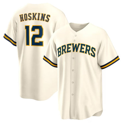Milwaukee Brewers #12 Rhys Hoskins Home Replica Player Jersey - Cream Stitched Baseball Jersey - Main View