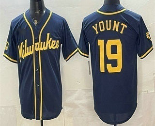 Milwaukee Brewers #19 Robin Yount Navy Blue Stitched Cool Base Jersey - Main View