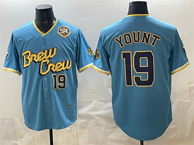Milwaukee Brewers #19 Robin Yount Powder Blue City Connect With Home & Bob Uecker Patch Limited Stitched Baseball Jersey - Main View