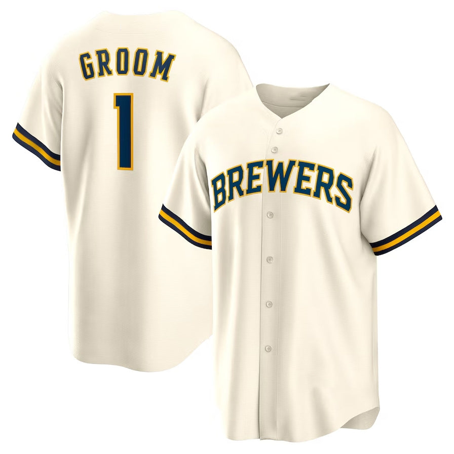 Milwaukee Brewers #1 Groom Home Replica Jersey - White Stitched Baseball Jersey - Main View