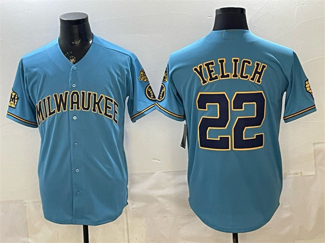 Milwaukee Brewers #22 Christian Yelich Blue With Home & Bob Uecker Patch Stitched Baseball Jersey - Main View