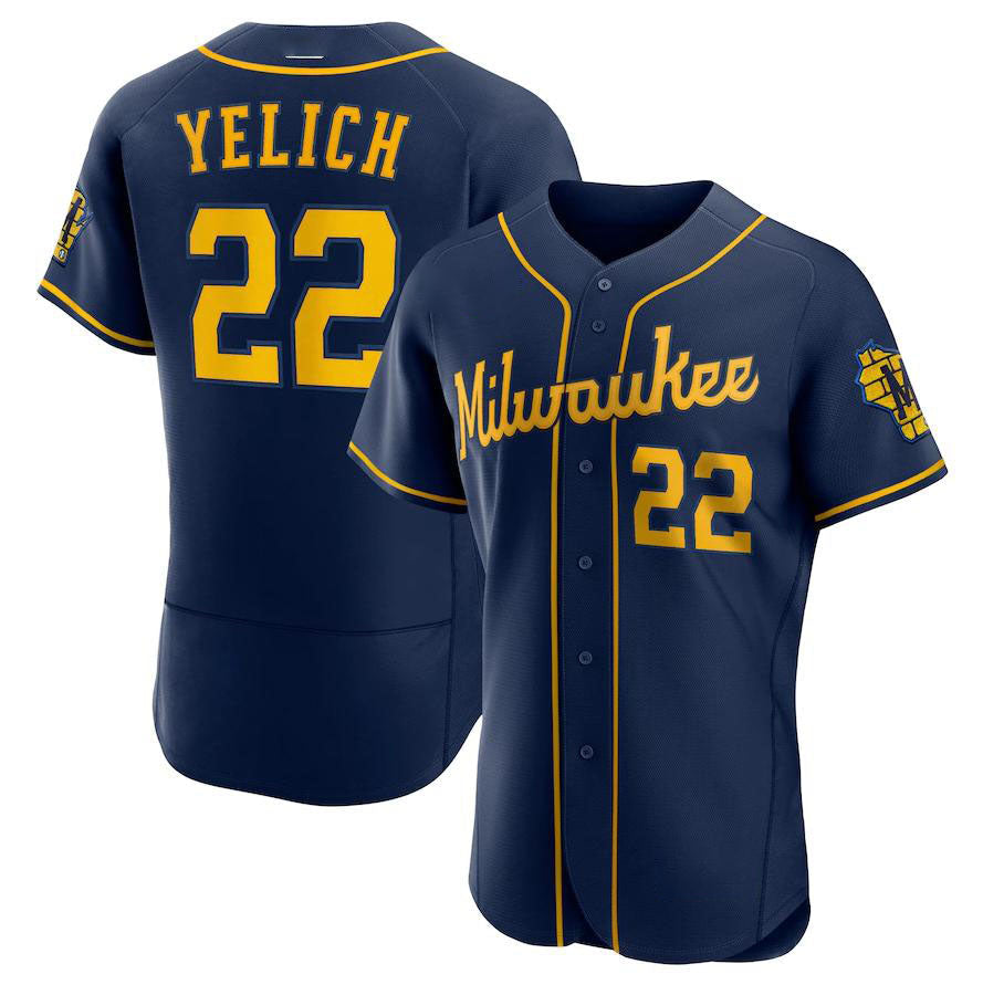 Milwaukee Brewers #22 Christian Yelich Navy 50th Season Alternate Authentic Player Jersey Baseball Jerseys - Main View