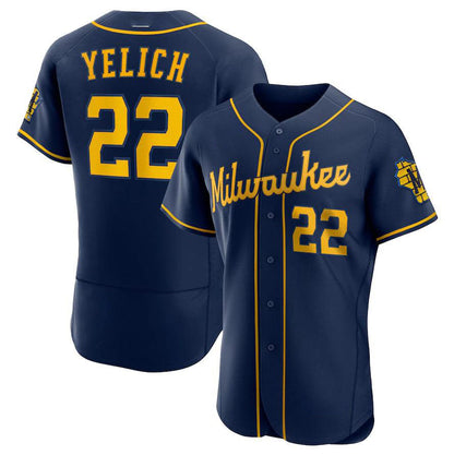Milwaukee Brewers #22 Christian Yelich Navy 50th Season Alternate Authentic Player Jersey Baseball Jerseys - Main View