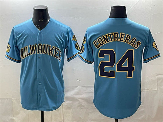 Milwaukee Brewers #24 William Contreras Blue With Home & Bob Uecker Patch Stitched Baseball Jersey - Main View