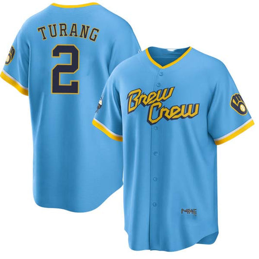 Milwaukee Brewers #2 Brice Turang Blue 2022 City Connect Cool Base Stitched Baseball Jerseys - Main View