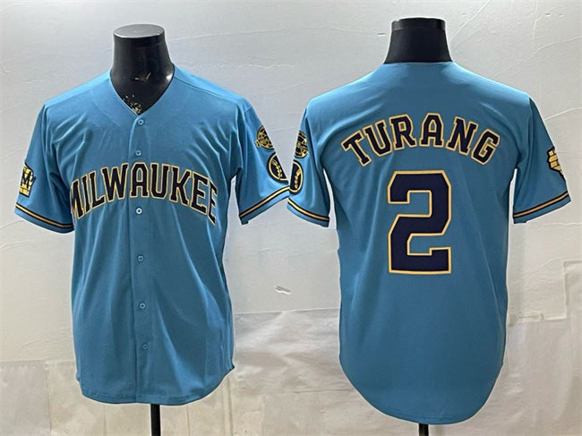 Milwaukee Brewers #2 Brice Turang Blue With Home & Bob Uecker Patch Stitched Baseball Jersey - Main View