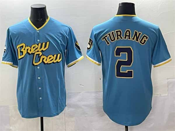 Milwaukee Brewers #2 Brice Turang Powder Blue City Connect Cool Base Stitched Jersey - Main View