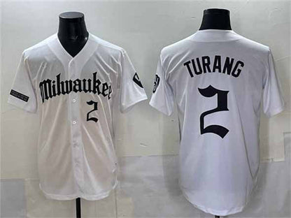 Milwaukee Brewers #2 Brice Turang White 'Gothic 414 Shadows Edition' Vapor Premier Limited Stitched Jersey - Main View