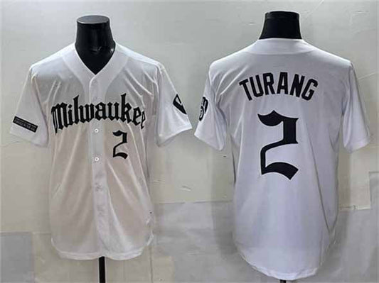 Milwaukee Brewers #2 Brice Turang White 'Gothic 414 Shadows Edition' Vapor Premier Limited Stitched Jersey - Main View