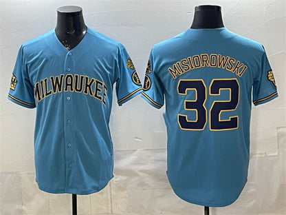 Milwaukee Brewers #32 Jacob Misiorowski Blue With Home & Bob Uecker Patch Stitched Baseball Jersey - Main View