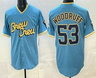 Milwaukee Brewers #53 Brandon Woodruff Powder Blue 2022 City Connect Cool Base Stitched Baseball Jersey - Main View