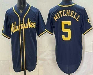 Milwaukee Brewers #5 Garrett Mitchell Navy Blue Stitched Cool Base Jersey - Main View