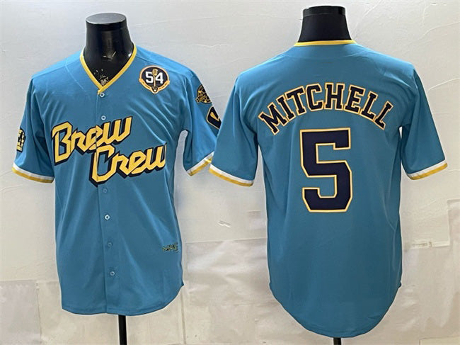 Milwaukee Brewers #5 Garrett Mitchell Powder Blue City Connect With Home & Bob Uecker Patch Limited Stitched Baseball Jersey - Main View