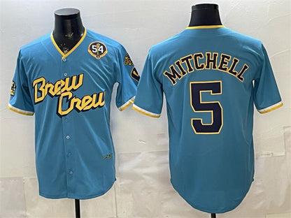 Milwaukee Brewers #5 Garrett Mitchell Powder Blue City Connect With Home & Bob Uecker Patch Limited Stitched Baseball Jersey - Main View