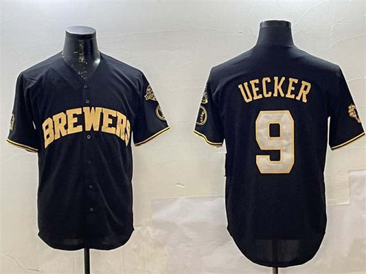Milwaukee Brewers #9 Bob Uecker Black Gold With Home Patch Limited Stitched Baseball Jersey - Main View