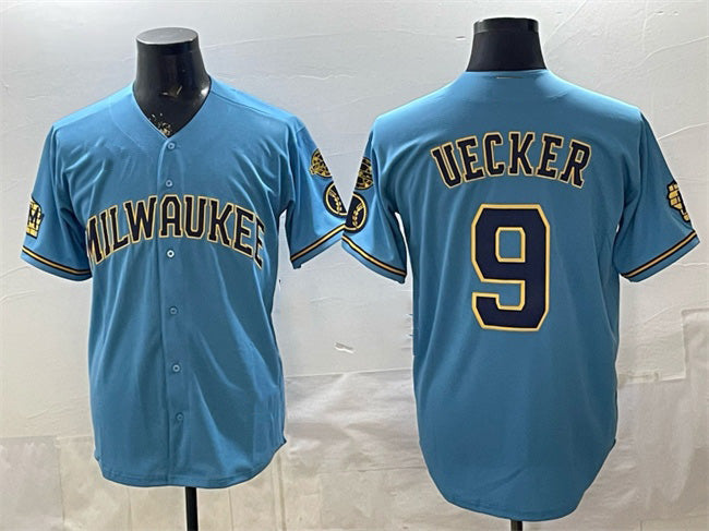 Milwaukee Brewers #9 Bob Uecker Blue With Home & Bob Uecker Patch Stitched Baseball Jersey - Main View