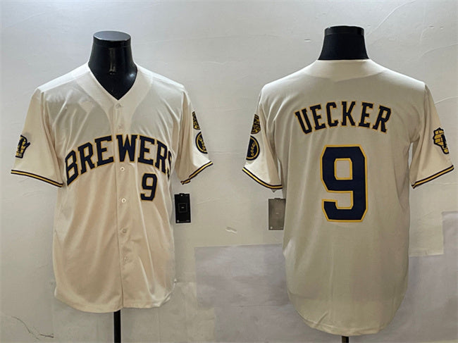 Milwaukee Brewers #9 Bob Uecker Cream With Home Patch Limited Stitched Baseball Jersey - Main View
