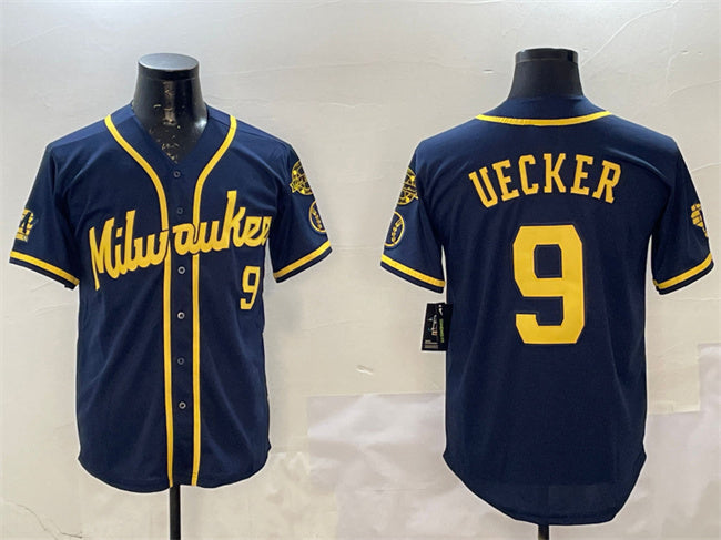 Milwaukee Brewers #9 Bob Uecker Navy With Home Patch Limited Stitched Baseball Jersey - Main View