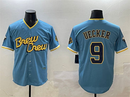 Milwaukee Brewers #9 Bob Uecker Powder Blue City Connect With Patch Cool Base Stitched Baseball Jersey - Main View
