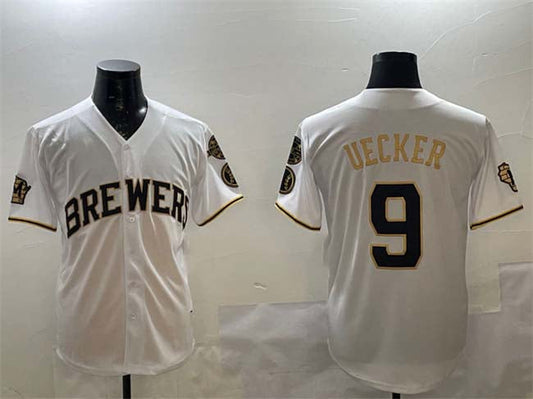 Milwaukee Brewers #9 Bob Uecker White Gold With Home Patch Limited Stitched Baseball Jersey - Main View
