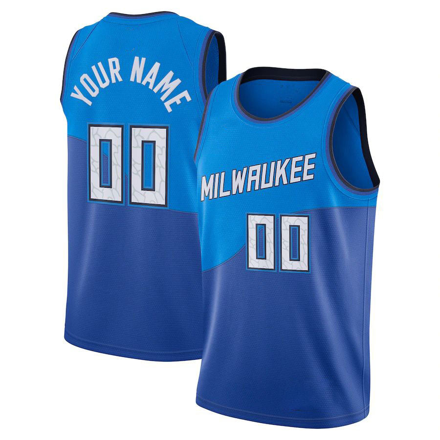Custom M.Bucks 2020-21 Swingman Jersey Blue City Edition Statement Edition Stitched Basketball Jersey - Main View