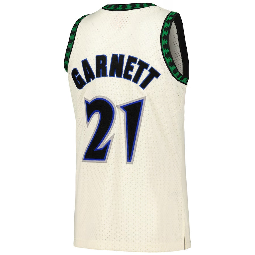 M.Timberwolves #21 Kevin Garnett Mitchell & Ness Chainstitch Swingman Jersey - Cream Stitched American Basketball Jersey - Main View