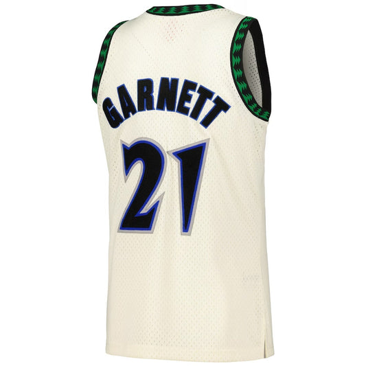 M.Timberwolves #21 Kevin Garnett Mitchell & Ness Chainstitch Swingman Jersey - Cream Stitched American Basketball Jersey - Main View