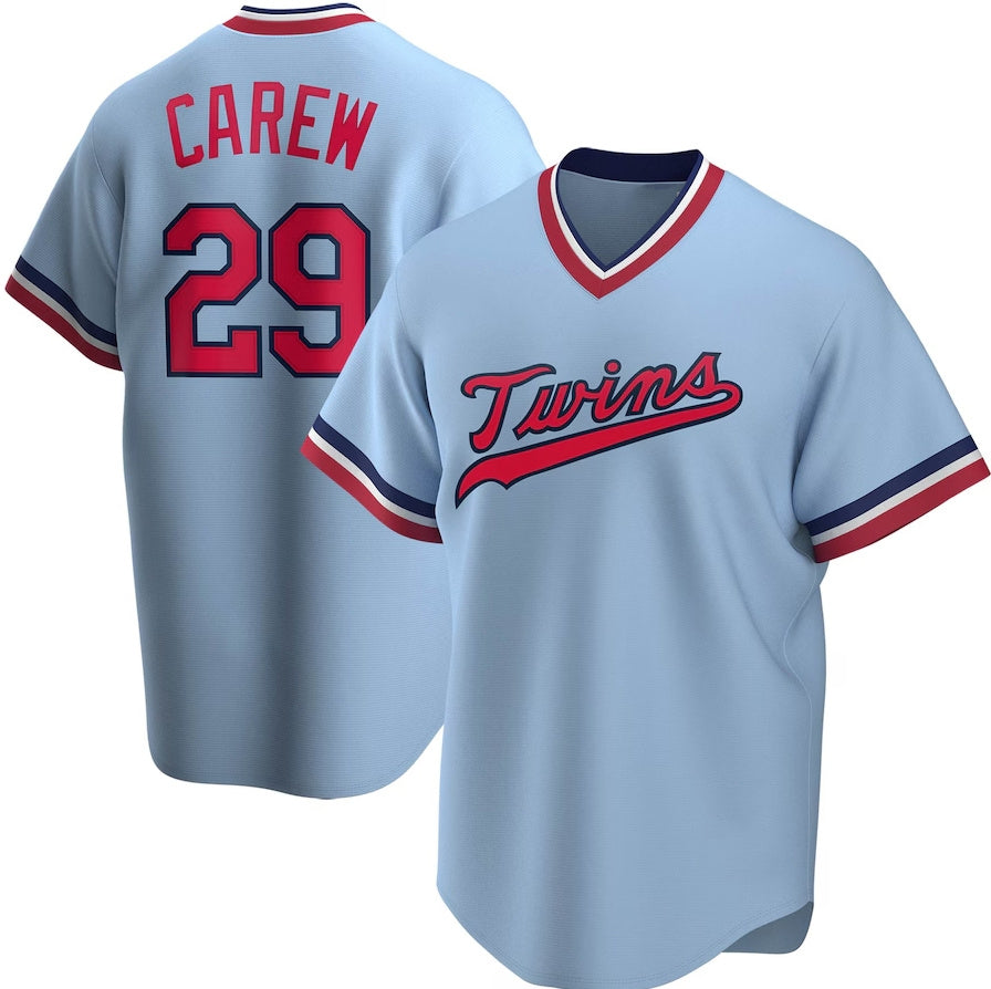 Minnesota Twins #29 Rod Carew Road Cooperstown Collection Player Jersey - Light Blue Stitched Baseball Jersey - Main View