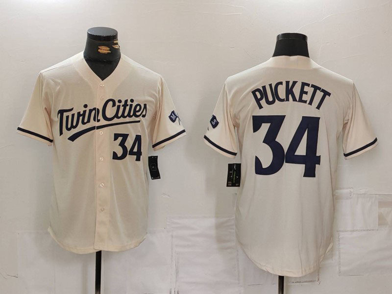 Minnesota Twins #34 Kirby Puckett Number Cream Cool Base Stitched Baseball Jersey - Main View