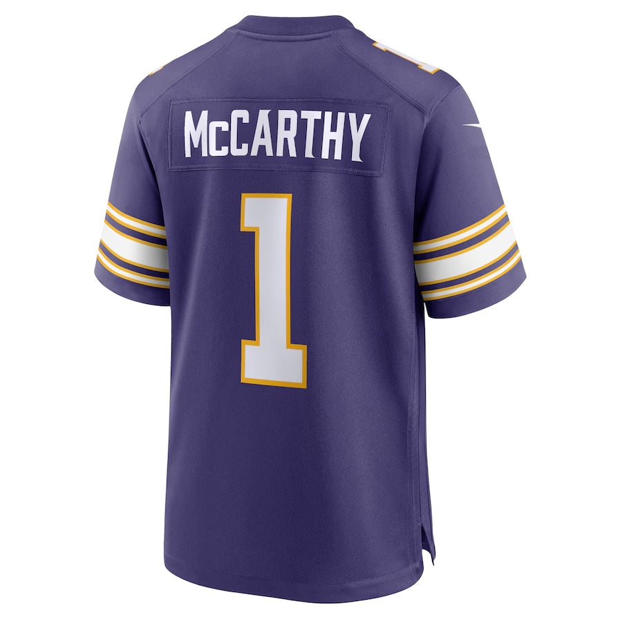 MN.Vikings #1 J.J. McCarthy 2nd Alternate 2024 Draft First Round Pick Player Game Jersey - Purple American Football Jerseys - Main View