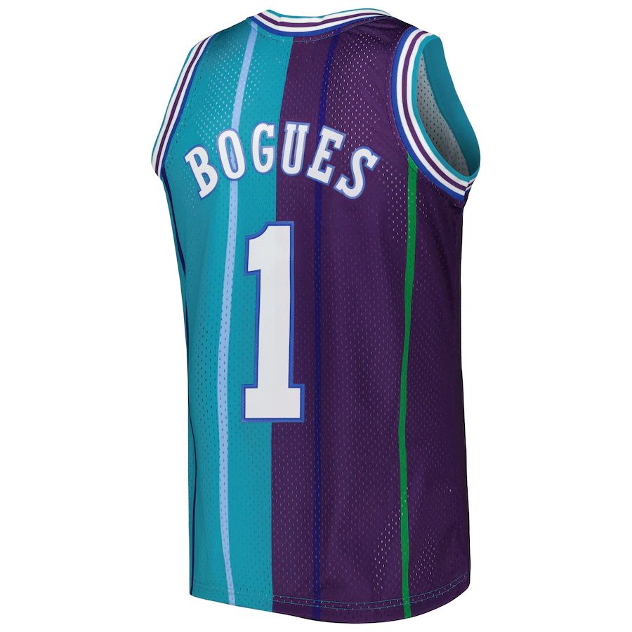 C.Hornets #1 Muggsy Bogues Mitchell & Ness Hardwood Classics 1992-93 Split Swingman Jersey Teal Purple Stitched American Basketball Jersey - Main View