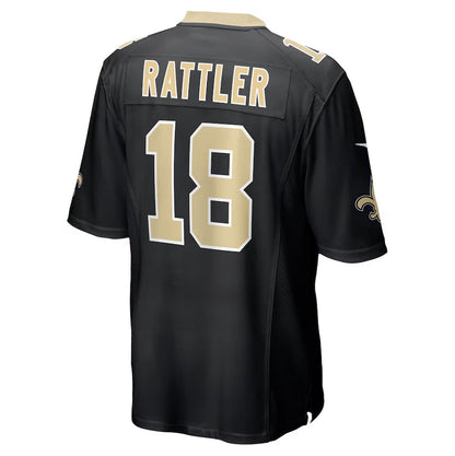NO.Saints #18 Spencer Rattler Black Game Stitched American Football Jersey - Main View