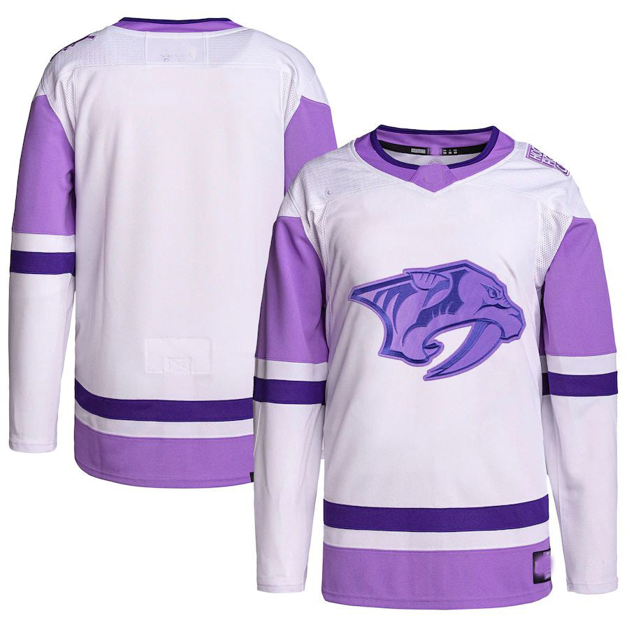 N.Predators Hockey Fights Cancer Primegreen Authentic Blank Practice Jersey White Purple Stitched American Hockey Jerseys - Main View