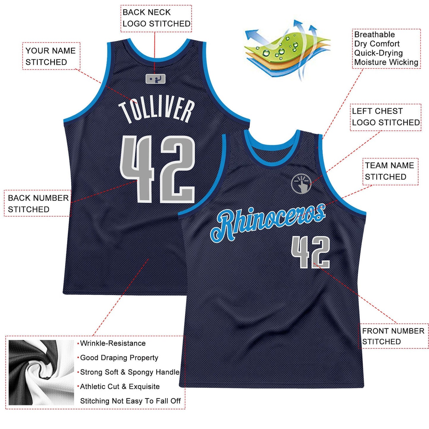Custom Navy Gray-Blue Authentic Throwback Basketball Jersey view 2