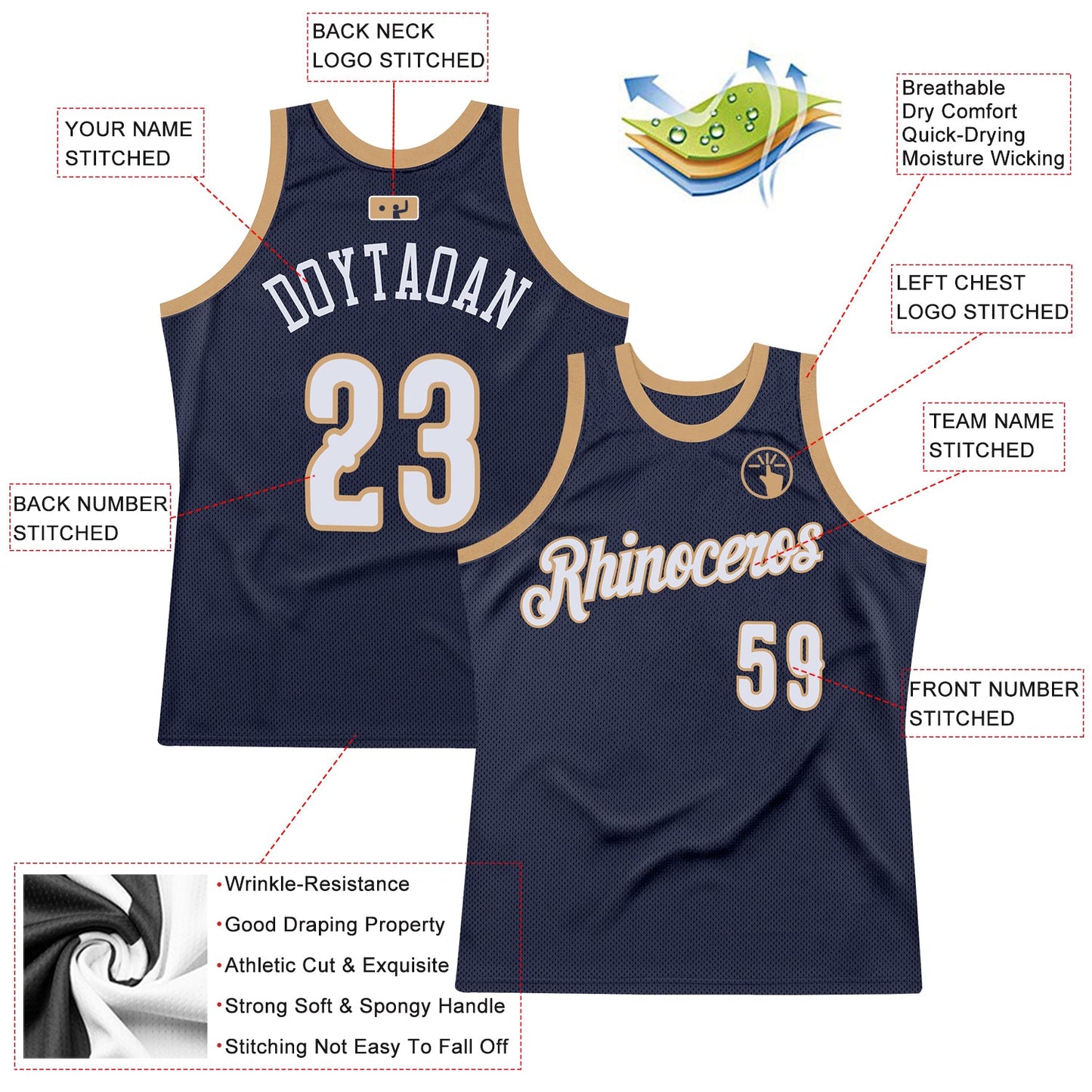 Custom Navy White-Old Gold Authentic Throwback Basketball Jersey view 2