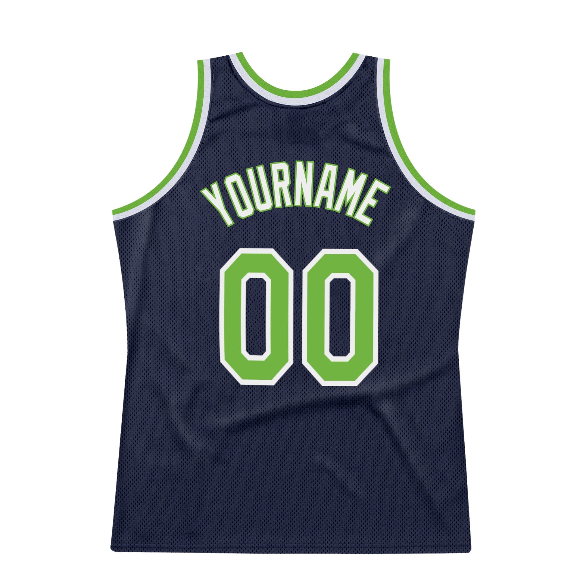 Custom Navy Neon Green-White Authentic Throwback Basketball Jersey view 6