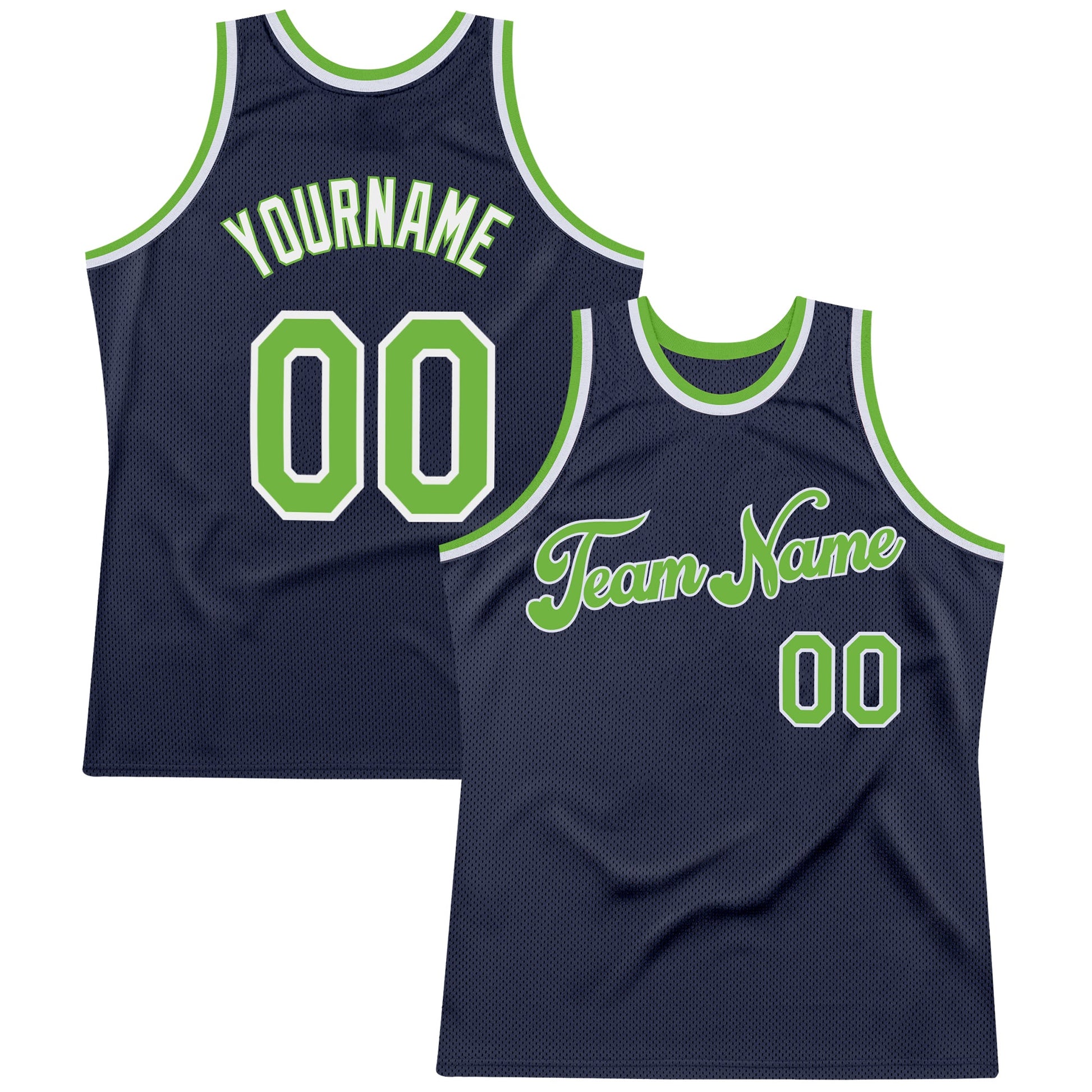 Custom Navy Neon Green-White Authentic Throwback Basketball Jersey - Main View