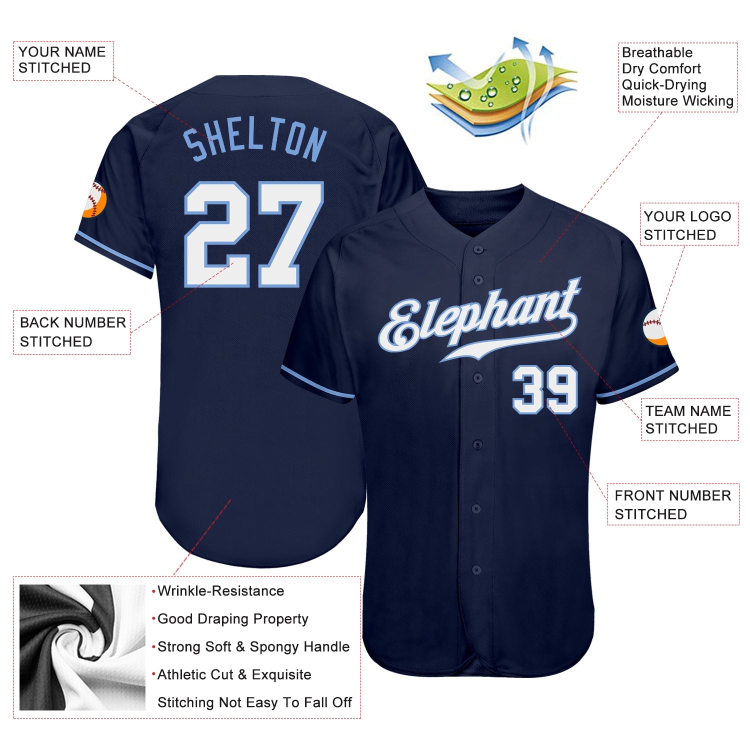 Custom Navy White-Light Blue Authentic Baseball Jersey view 3