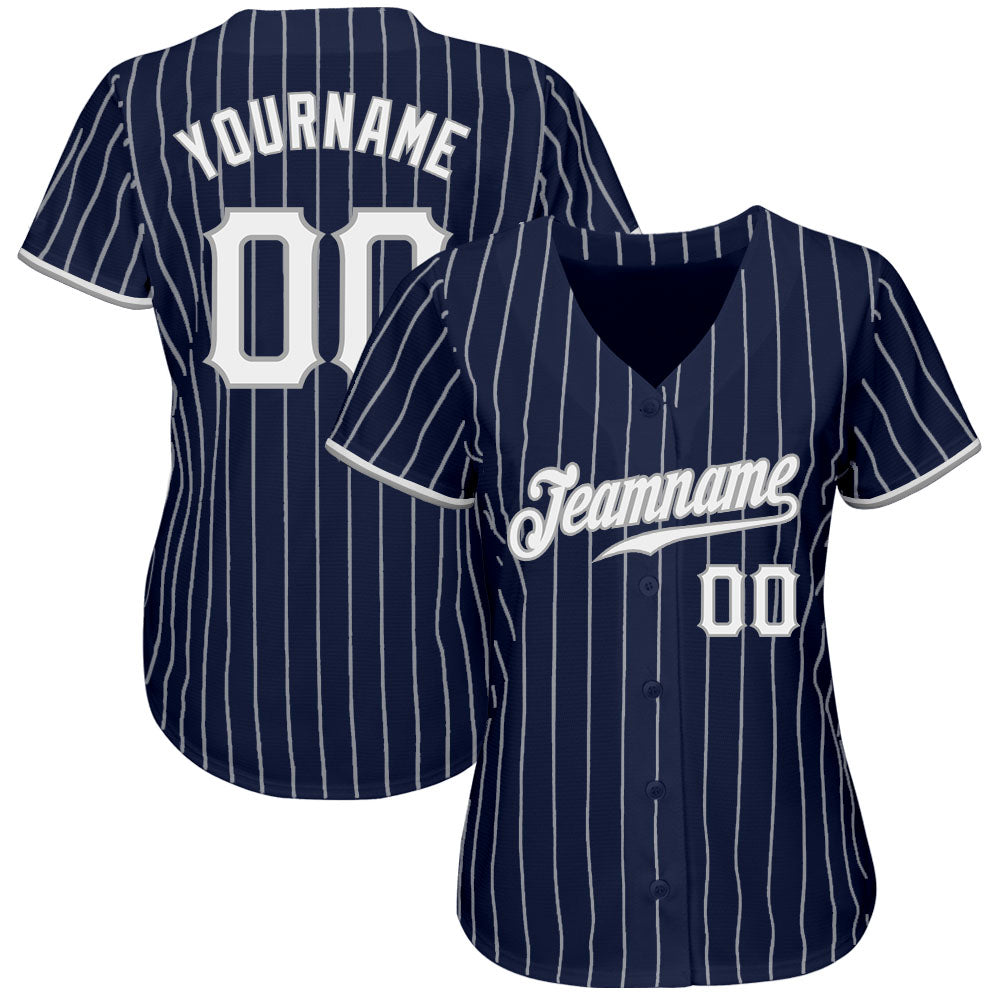 Custom Navy White Pinstripe White-Gray Authentic Baseball Jersey view 2