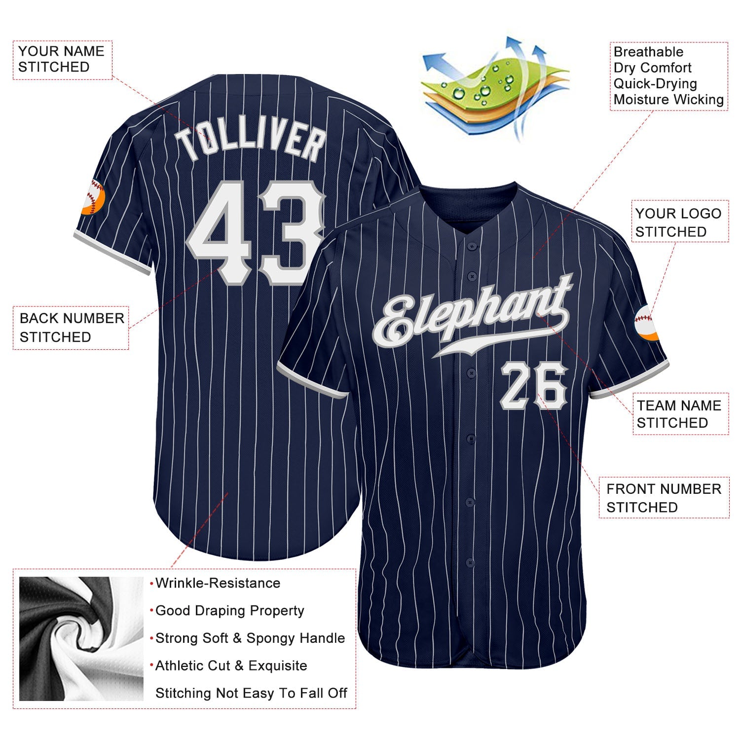 Custom Navy White Pinstripe White-Gray Authentic Baseball Jersey view 3