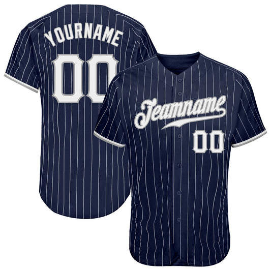 Custom Navy White Pinstripe White-Gray Authentic Baseball Jersey - Main View