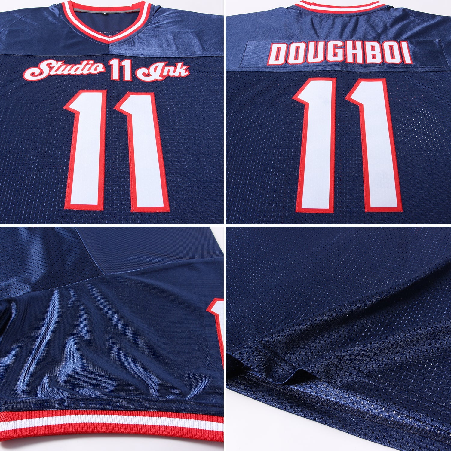 Custom Navy White-Red Mesh Authentic Throwback Football Jersey view 7
