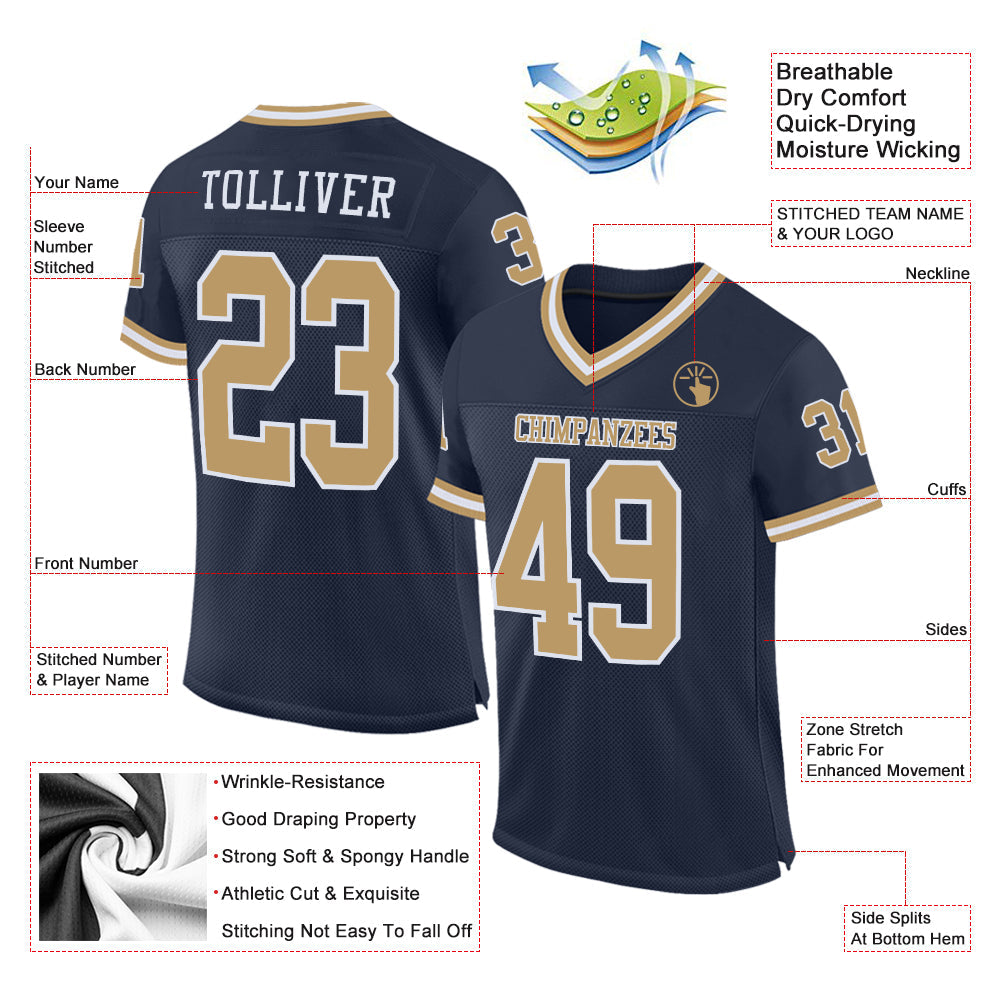 Custom Navy Old Gold-White Mesh Authentic Throwback Football Jersey view 2
