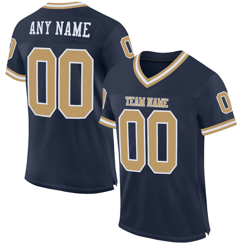 Custom Navy Old Gold-White Mesh Authentic Throwback Football Jersey - Main View