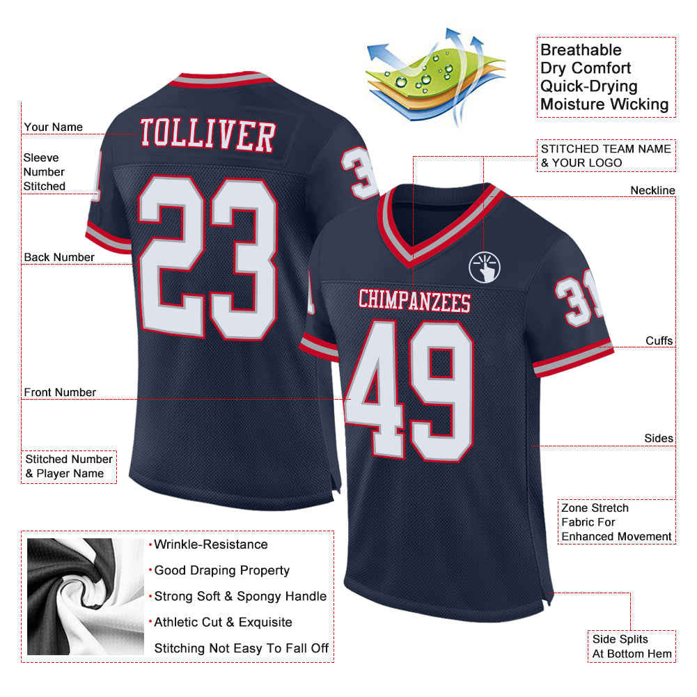 Custom Navy White Red-Gray Mesh Authentic Throwback Football Jersey view 2