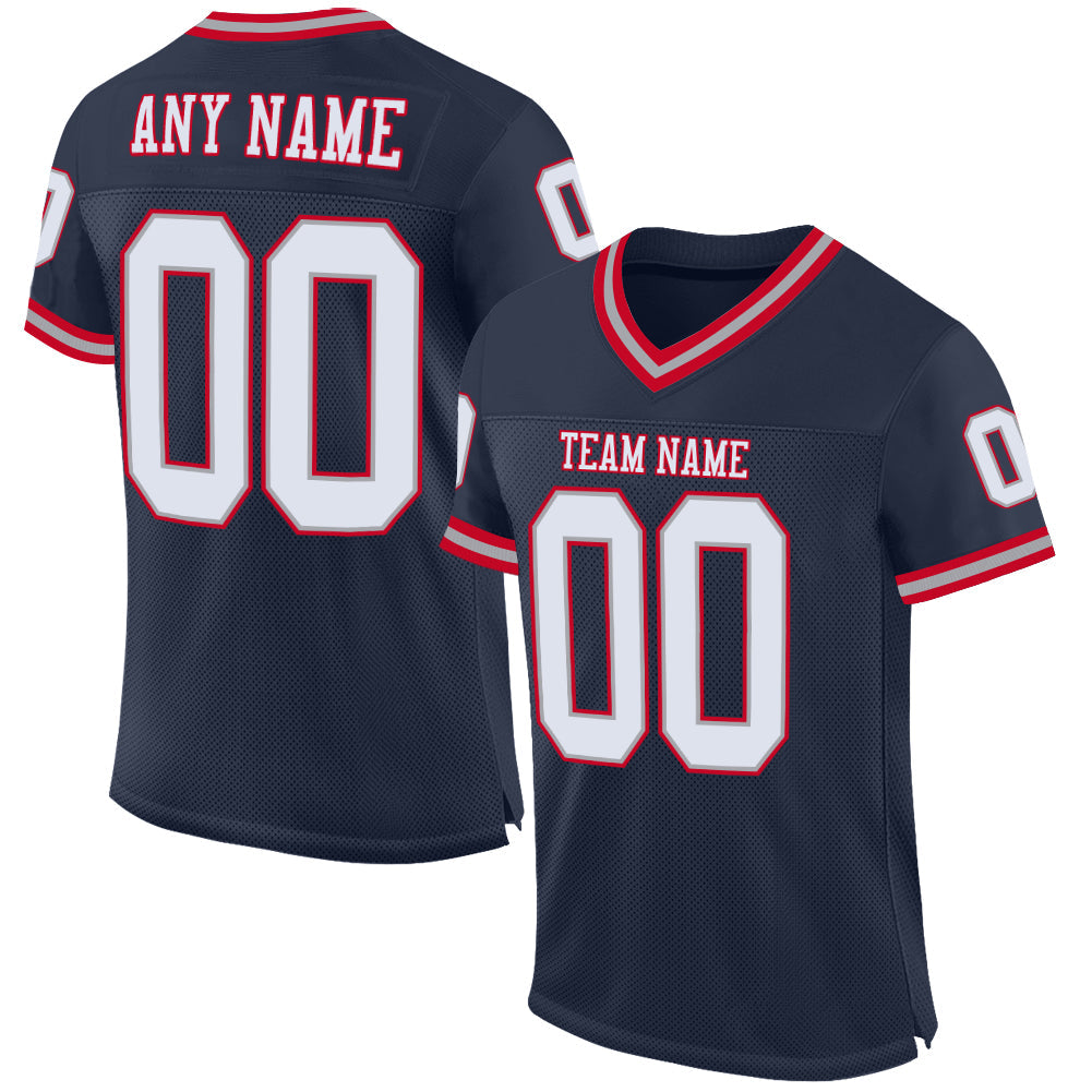 Custom Navy White Red-Gray Mesh Authentic Throwback Football Jersey - Main View