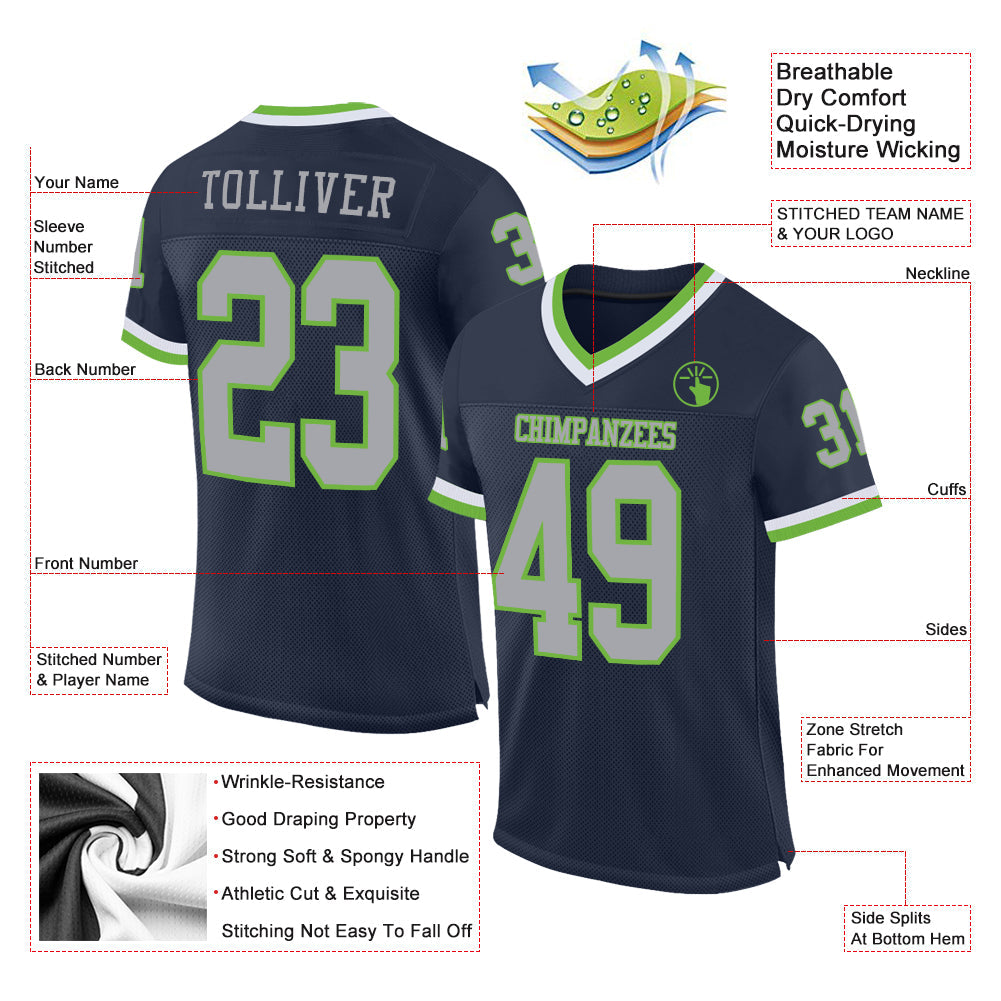 Custom Navy Gray-Neon Green Mesh Authentic Throwback Football Jersey view 2